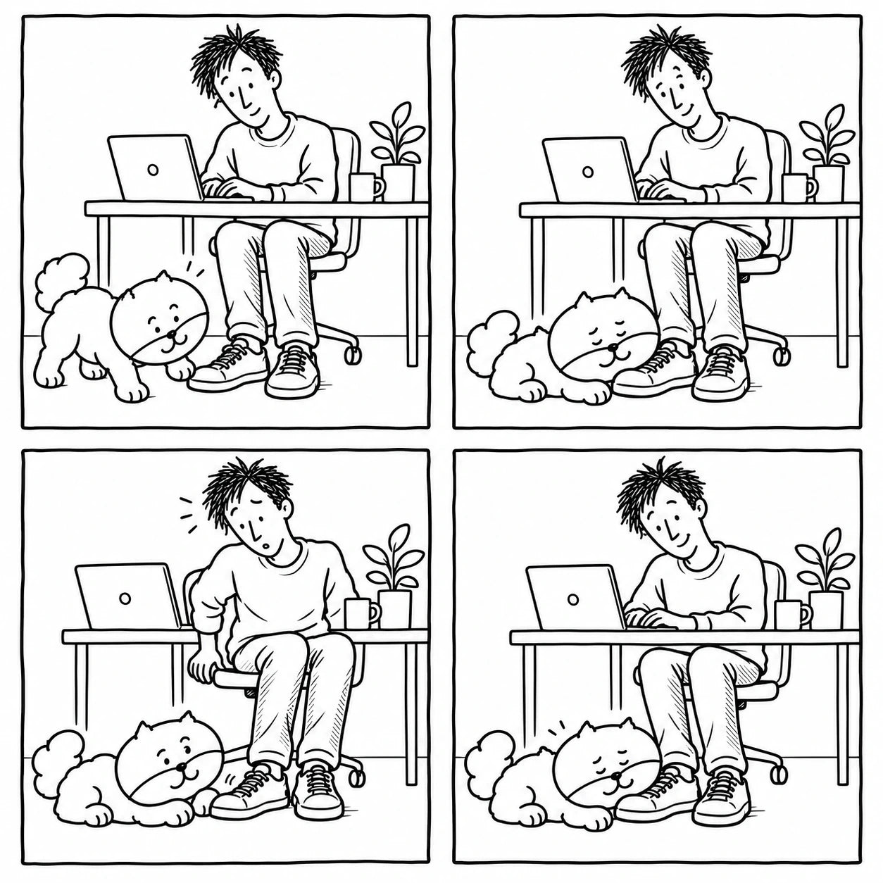 Full-body four-panel example: Yolky chooses Dad's shoe as a pillow