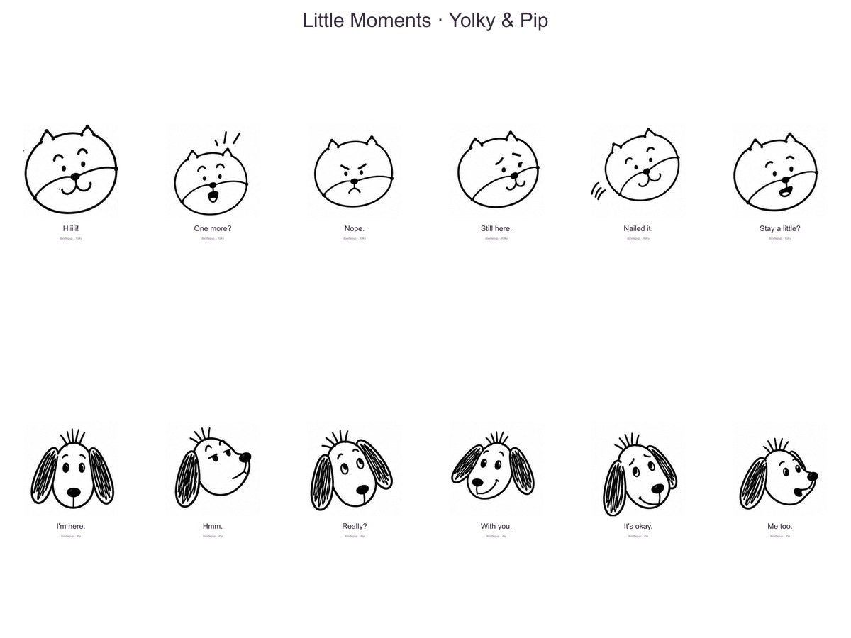 Twelve included character share images, six Yolky and six Pip